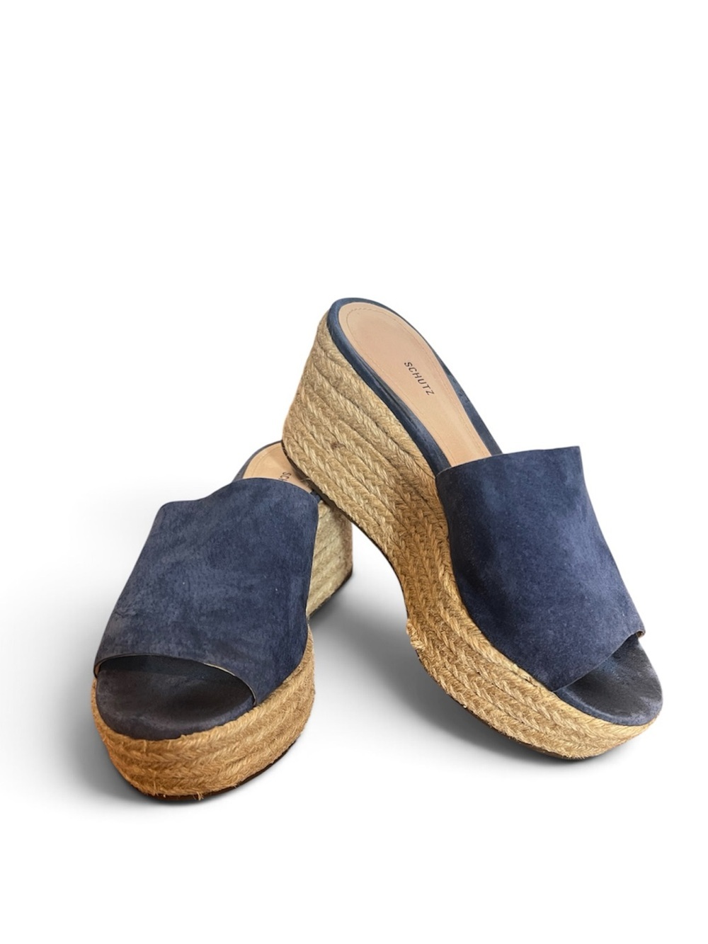Schutz Navy Blue Suede Espadrille Platform Wedge Mule Sandals 7.5B